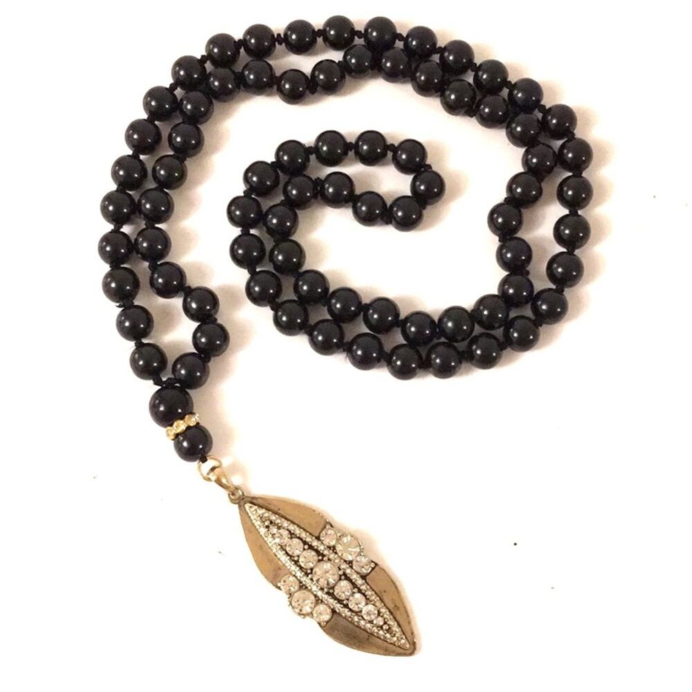 Boho black faux pearls 21” necklace golden charm